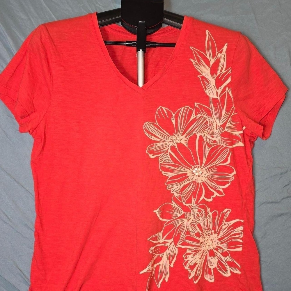 Izod Womens Coral Orange V-Neck Floral Graphic Sequin Accent T-Shirt XL